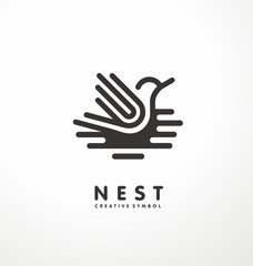 Nest symbol line art illustration with cute bird. Creative logo design concept