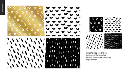 Hand drawn Patterns - a group set of four abstract patterns - black, gold and white. Geometrical lines, dots and shapes - pieces