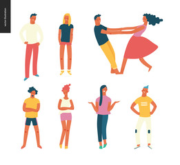 Bright people portraits set - young men and women - set of various posing people in fashion colors - standing with arms akimbo, crossed arms, whirling couple holding their hands, concept characters