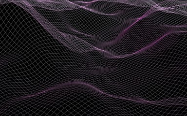 Abstract landscape on a dark background. Cyberspace purple grid. Hi-tech network. 3D illustration