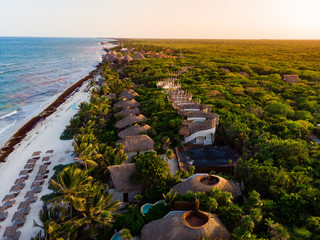 Aerial view of Tulum beach at sunset, Mexico - obrazy, fototapety, plakaty