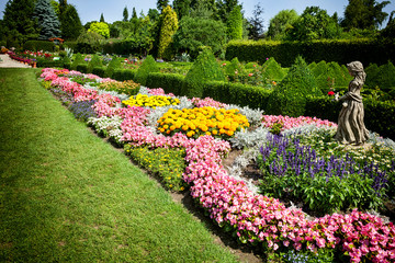 Beautiful flower garden in French style, rose garden, colorful flowers on the flowerbed