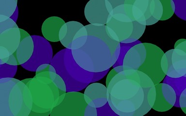 Multicolored translucent circles on a dark background. Green tones. 3D illustration