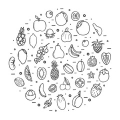 Fruits icons big set, hand drawn style