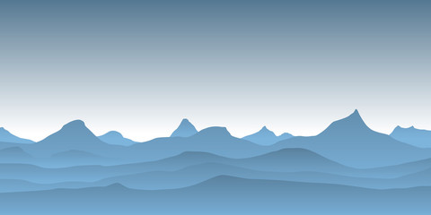 Simple blue vector landscape with misty mountains.