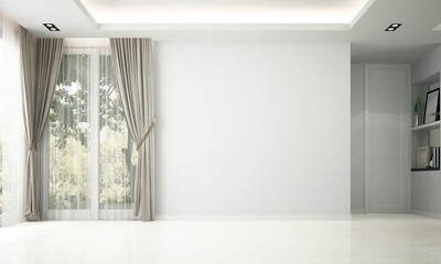 Modern empty living and dining room interior design and garden view 