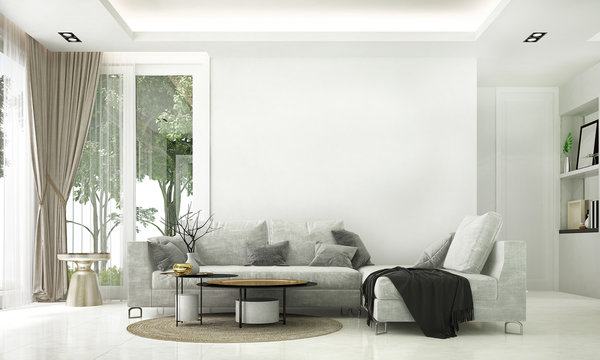 Modern luxury living room interior design and garden view 