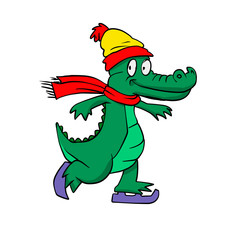 Cartoon alligator walking roller skates