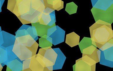 Multicolored translucent hexagons on dark background. Green tones. 3D illustration