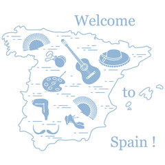 Vector illustration with various symbols of Spain arranged in a circle. Travel and leisure.