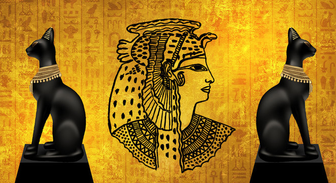 Egyptian asbstract background, goddess of Egypt Bastet, abstract golden background