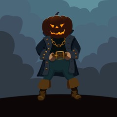 Character with a head in the form of a Halloween pumpkin in a pirate costume