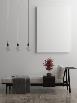Mock up poster in minimalism living room, hipster background, 3d render, 3d illustration