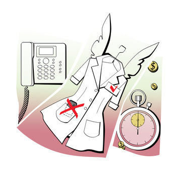 Corporate Ethics. Uniforms with angel wings, timing, accessibility. Internal communication, stopwatch and white robe. Medicine and pharmacology.