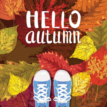 Hello Autumn, Lettering, sneakers, shoes on autumn leaves, autumn leaves, Fall mood, romance, vector, illustration, card, isolated