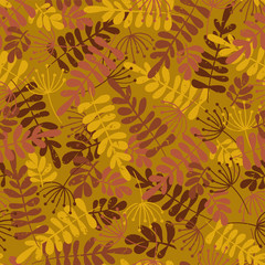Naklejka na ściany i meble Vector seamless pattern of autumn leaves. Golden, brown, and pink leaf silhouette fall seasonal background. Distressed. For fabric, paper, wallpaper, web banner, invitation, Thanksgiving. Robinia, ash