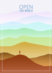 Minimalistic mountain landscape, silhouettes, open your world, lonely explorer, horizon, perspective, vector, illustration, isolated