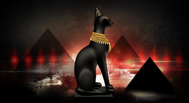 Egyptian asbstract background, goddess of Egypt Bastet, abstract dark bokeh background