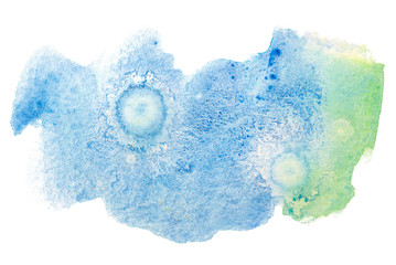Watercolor stain green blue with paper texture and spreading paint