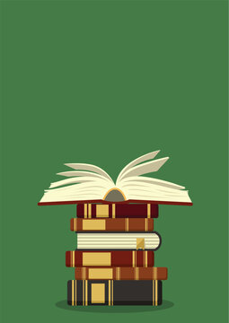 Old books stack with open book on green background. Education vector illustration with place for your text.