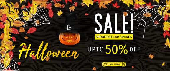 Hallowen Sale vector illustration with pumpkin head. Halloween special offer.