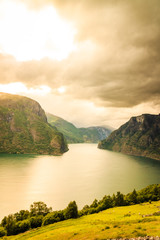 Fototapeta na wymiar View of the fjords and Aurland valley in Norway
