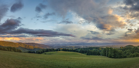 Panorama from Sweigmatt in the Black Forest over the city Wehr to the Alps