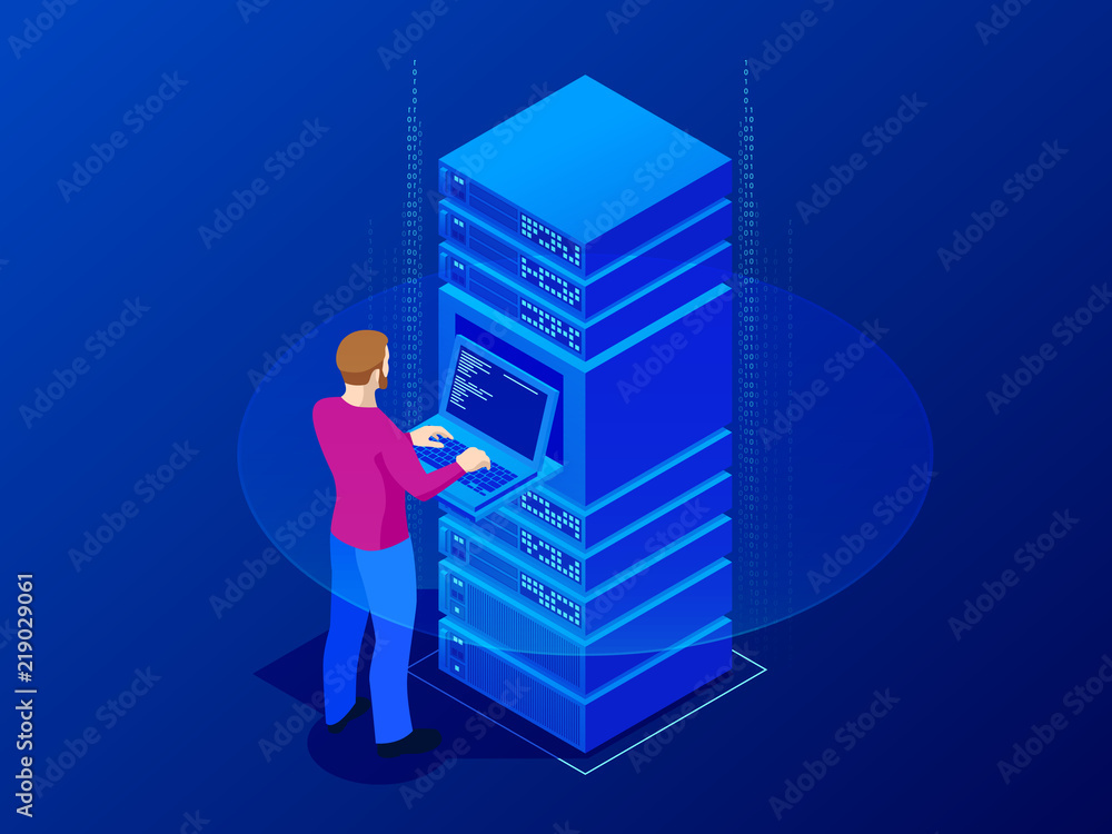 Aufkleber isometric server room and big data processing concept. man system administrator, data protection. cl