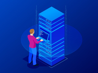 Isometric server room and big data processing concept. Man system administrator, data protection. Cloud service vector illustration blue background