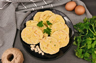 Carlsbad bread dumplings (German name is Serviettenknödel)..European menu.