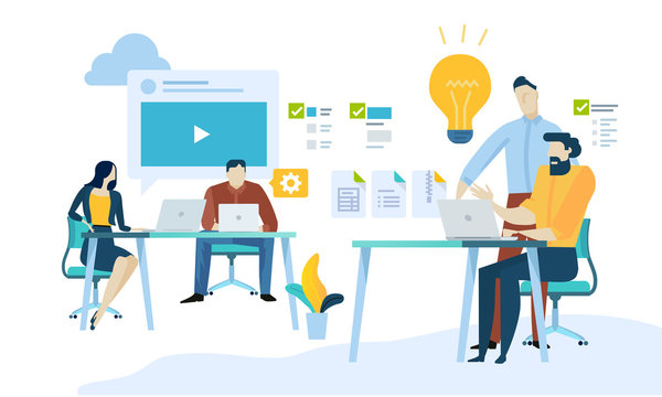 Vector illustration concept of content management, web development, seo, social network, teamwork, cmr. Creative flat design for web banner, marketing material, business presentation.