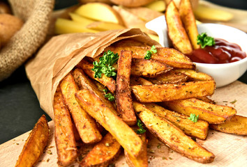 Homemade Crispy Seasoned French Fries..French fries  with spicy seasoning in brown paper bag on...