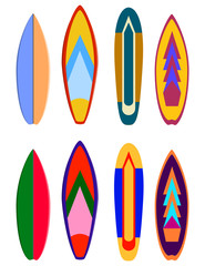Surf boards designs. Vector surfboard coloring set. Realistic surfboard for extreme swimming, illustration set of surf board with color pattern
