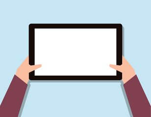 blank tablet hand toches screen, flat design isolated on blue background Vector illustration