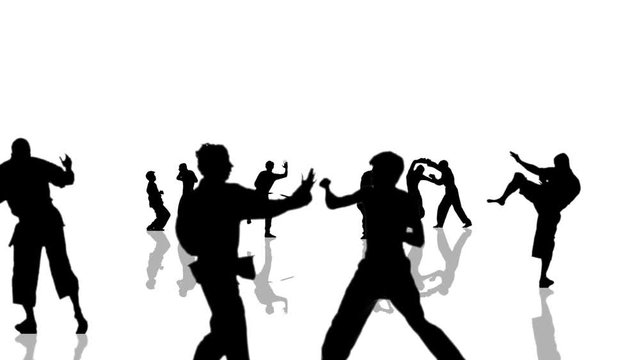 Martial arts people silhouettes moving towards the camera. Seamlessly loopable animation.