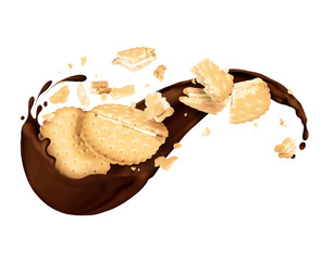 Crushed biscuits with splashes of dark chocolate on white background