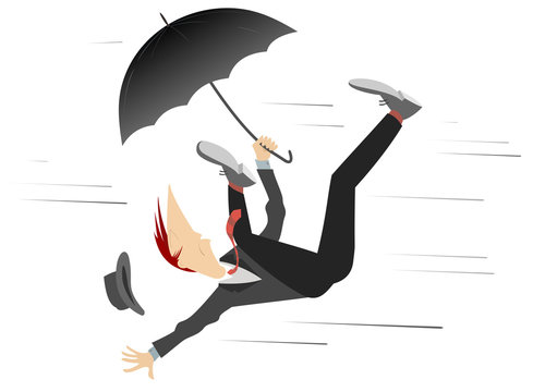 Strong wind and man with hat and umbrella isolated illustration. Whirlwind and a falling man lost his hat and try to keep an umbrella isolated on white
