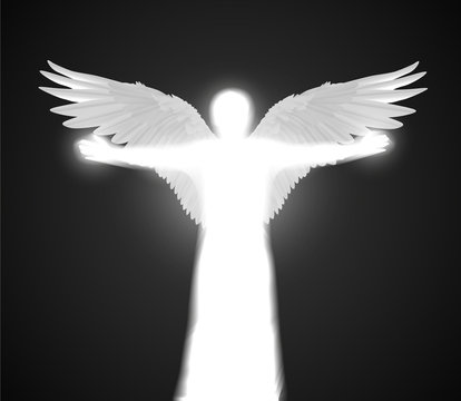 Vector white shining angel figure with wings and spread hands on dark background