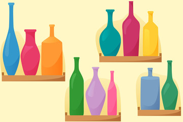Bright bottles on shelfs, seamless pattern with bottles, flat style decoration, vector