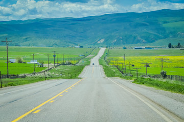 Paved road in the Yellowstone National Park, Wyoming, United States, between prairies, mountains and cloudy sky