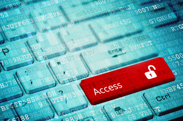 Red key with text Access and open padlock icon on white laptop keyboard