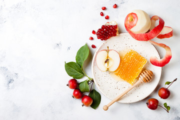 Apple, pomegranate and honey, traditional food of jewish New Year - Rosh Hashana. Copy space background