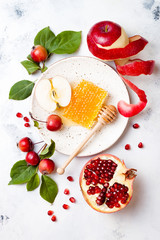 Apple, pomegranate and honey, traditional food of jewish New Year - Rosh Hashana. Copy space background