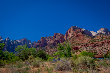 Amazing landscape three patriarchs Zion National Park, in beautiful blue sky background