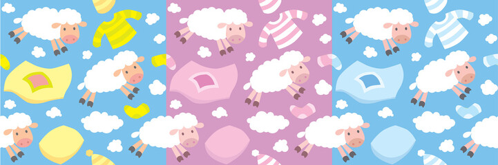 Seamless pattern set with funny flying sheeps