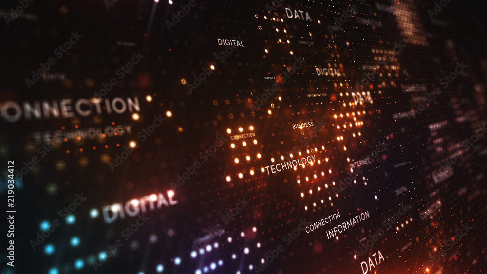 Poster digital structure of many glowing particles. abstract technology concept. creative background. lumin