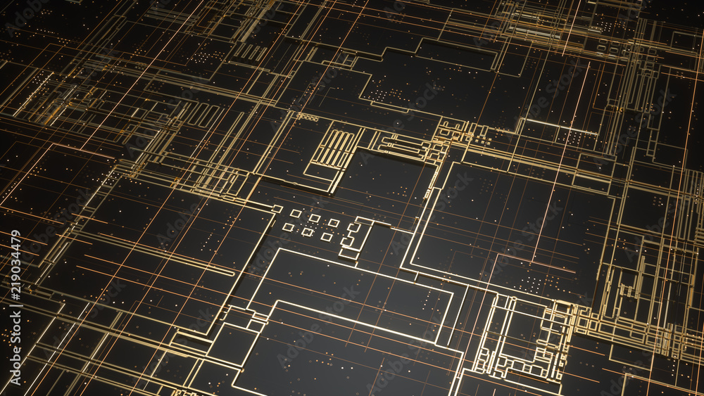 Poster digital electronic circuit board. abstract structure of many glowing lines and geometric elements. c