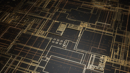 Digital electronic circuit board. Abstract structure of many glowing lines and geometric elements. Creative technology concept. Luminous and metal elements on black background. 3d rendering