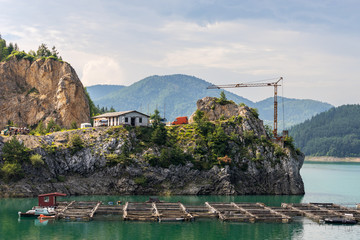 View on Zaovine Lake and fish farm in Serbia at summer day