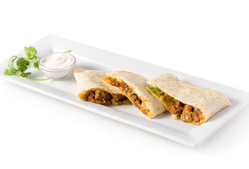 Beef quesadillas on white background